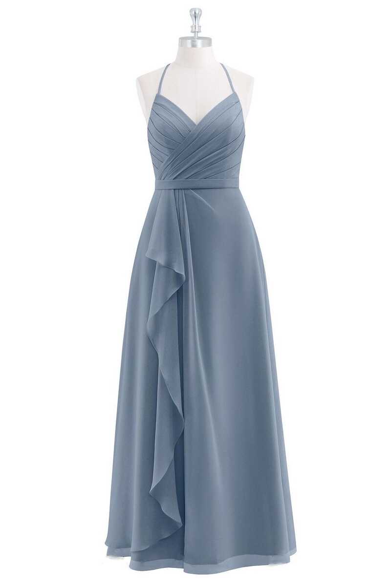 Evening Dresses For Over 56, Dusty Blue Chiffon Halter Backless Ruffled Long Bridesmaid Dress