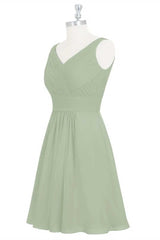Formal Dress With Sleeves, Sage Green Chiffon A-Line Short Bridesmaid Dress