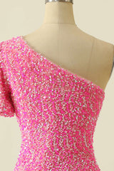 Prom Dress2038, Pink Sequin One-Sleeve Bodycon Homecoming Dress