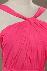 Bridesmaids Dresses Different Styles, Neon Pink Halter Knee Length Bridesmaid Dress