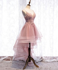 Party Dress Shops, Pink Tulle Lace High Low Prom Dress, Pink Homecoming Dress, 1