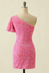 Prom Dress Style, Pink Sequin One-Sleeve Bodycon Homecoming Dress