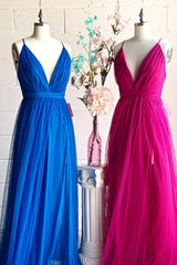 Hoco Dress, A-line V-Neck Pleated Tulle Long Bridesmaid Dress with Slit