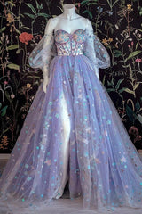 Bridesmaids Dress Colors, Light Purple A-line Tulle Floral Off Shoulder Sweetheart Evening Prom Dresses