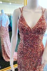 Formal Dress For Wedding Reception, Rust Orange Sequin V-Neck Lace-Up Mermaid Long Formal Dress