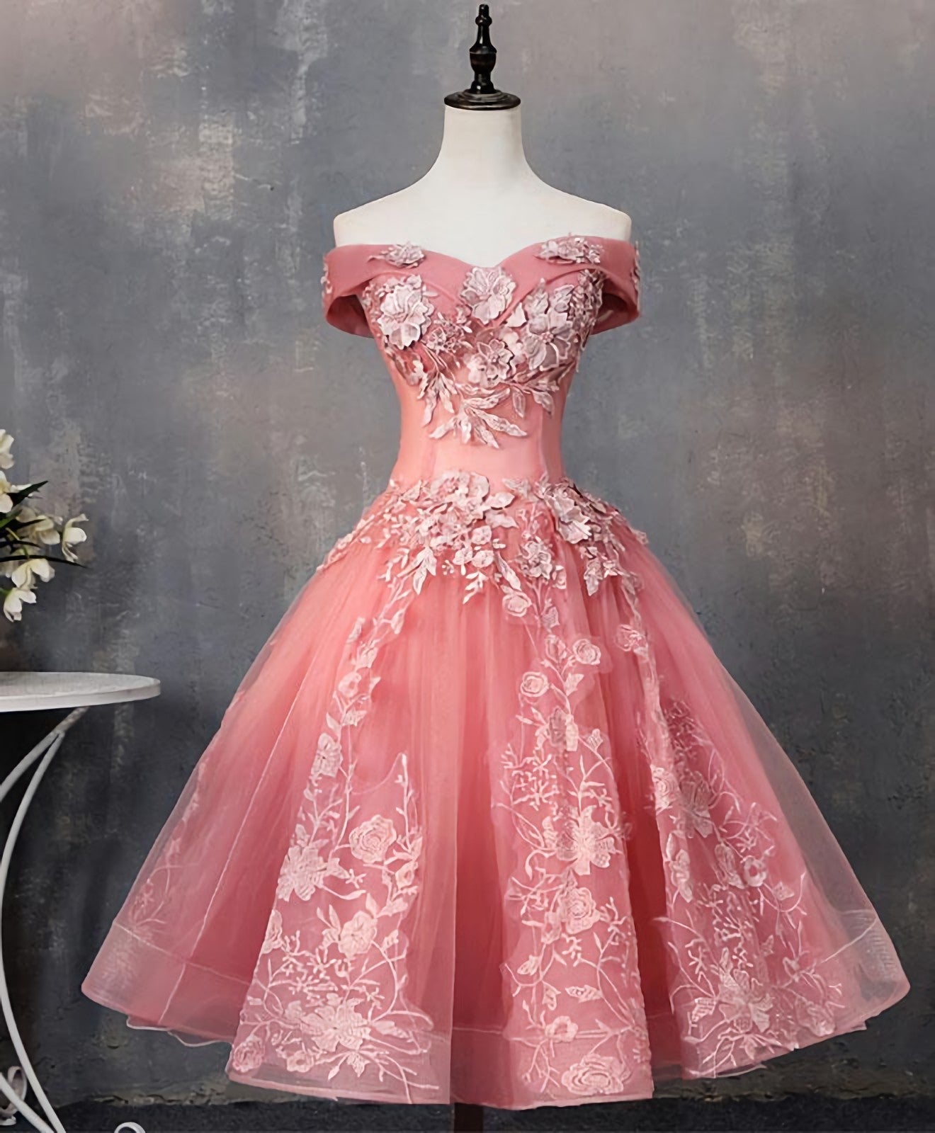 Party Dresses Ladies, Pink Tulle Lace Off Shoulder Short Prom Dress, Pink Homecoming Dress