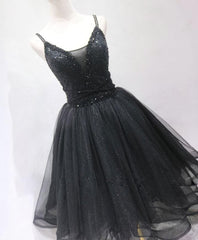 Flower Girl Dress, Black Tulle Beads Short Prom Dress, Black Homecoming Dress