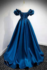 Silk Dress, A-Line Dark Blue Off-the-Shoulder Stain Prom Gown