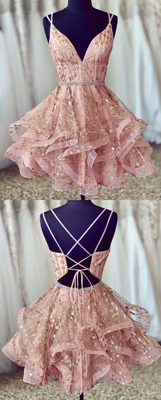 Evening Dresses Yde, pink straps short homecoming dresses prom gown waist with beaded