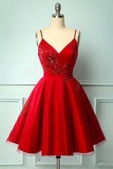 Evening Dresses Black, red a line prom party dress with spaghetti straps