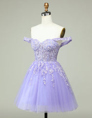 Silk Prom Dress, A-Line Off The Shoulder Short Tulle Dress With Appliques