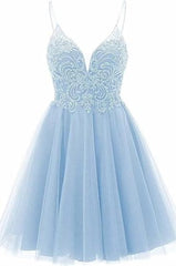 Senior Prom Dress, A-line Straps Appliques Tulle Short Homecoming Dress