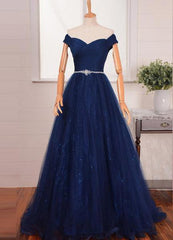 Prom Dress Stores, 2024 Blue Floor-Length/Long A-Line/Princess Off-the-Shoulder Beading Tulle Prom Dresses