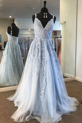 Glam Dress, Light Blue Lace Tulle Long Prom Dress, Blue Formal Dress, Ae232