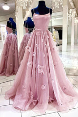 Bridesmaid Dresses Summer Wedding, A Line Backless Pink Floral Long Prom Dress, Pink Floral Formal Graduation Evening Dress