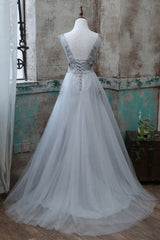 Formal Dress Wedding, Grey V-Neckline Tulle With Lace Long Formal Dress, Grey A-Line Prom Dress