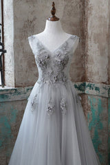 Formal Dress Ideas, Grey V-Neckline Tulle With Lace Long Formal Dress, Grey A-Line Prom Dress