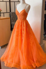 Formal Dresses Long Sleeve, A Line V Neck Orange Lace Long Prom Dress, Orange Lace Formal Dress, Orange Evening Dress