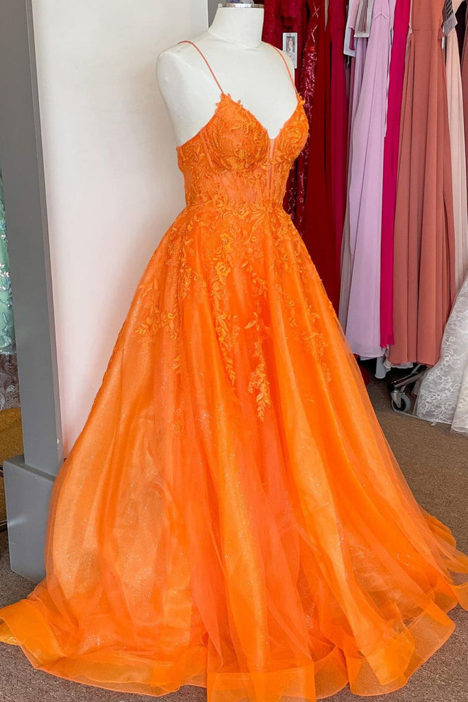 Formal Dresses Black, A Line V Neck Orange Lace Long Prom Dress, Orange Lace Formal Dress, Orange Evening Dress