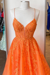 Formal Dress Black, A Line V Neck Orange Lace Long Prom Dress, Orange Lace Formal Dress, Orange Evening Dress