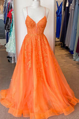 Formal Dress For Woman, A Line V Neck Orange Lace Long Prom Dress, Orange Lace Formal Dress, Orange Evening Dress