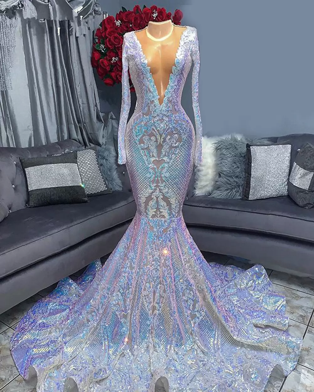 Evening Dress Princess, Hot Sparkle Sequin V neck Long sleeves Mermaid Prom Dresses