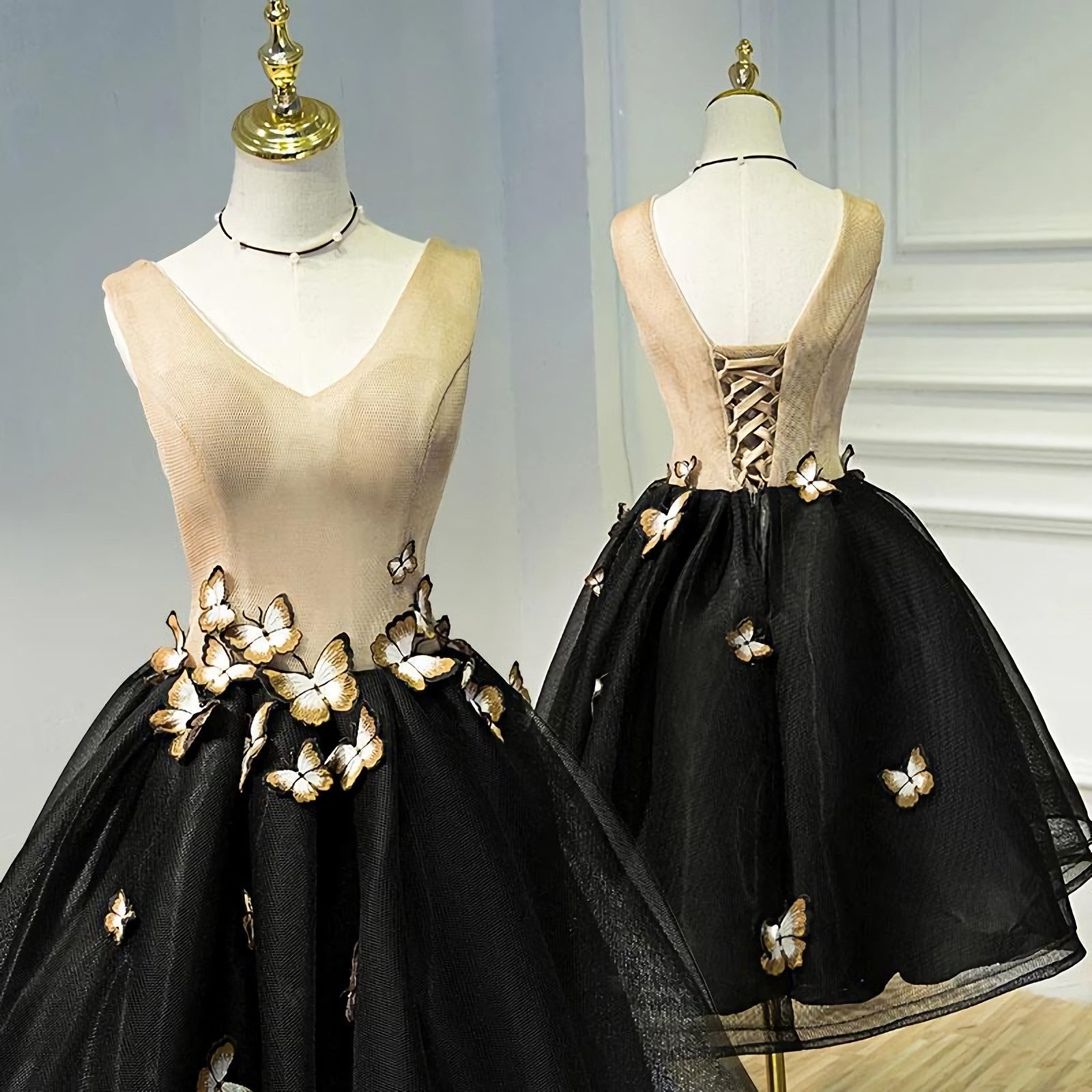 Formal Dresses Outfit, A Line Black V Neck Lace Up Homecoming Dresses, Sleeveless Prom Dress With Butterfly