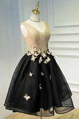 Formal Dresses Outfits, A Line Black V Neck Lace Up Homecoming Dresses, Sleeveless Prom Dress With Butterfly