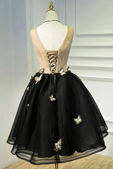 Formal Dresses Ball Gown, A Line Black V Neck Lace Up Homecoming Dresses, Sleeveless Prom Dress With Butterfly