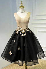 Formal Dress Simple, A Line Black V Neck Lace Up Homecoming Dresses, Sleeveless Prom Dress With Butterfly