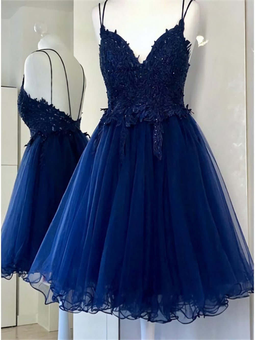 Formal Dress Black, A Line Dual Strapped Royal Blue V Neck Short Prom Dress With Beads Appliques