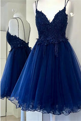 Formal Dresses Black, A Line Dual Strapped Royal Blue V Neck Short Prom Dress With Beads Appliques