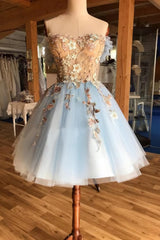 Bridesmaids Dress Trends, A Line Light Blue Off The Shoulder Above Knee Homecoming Prom Dress, With Appliques