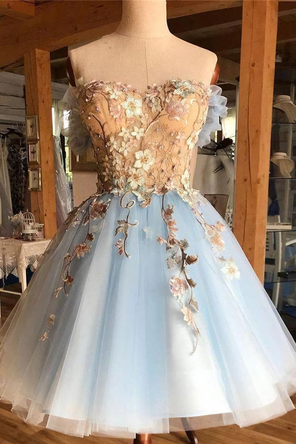 Bridesmaid Dresses Trends, A Line Light Blue Off The Shoulder Above Knee Homecoming Prom Dress, With Appliques