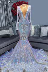 Evening Dresses 2035, Hot Sparkle Sequin V neck Long sleeves Mermaid Prom Dresses
