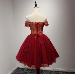 Party Dress Midi With Sleeves, Off Shoulder Short Sleeve Red Lace Homecoming Prom Dresses, Affordable Short Party Corset Back Prom Dresses, Perfect Homecoming Dresses, B0525