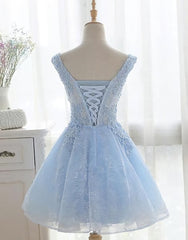 Prom 2035, Light Blue Cute V Neckline Lace Short Party Dress, Lace Formal Dress, Lace Party Dresses, B0622
