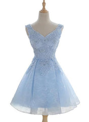 Gown Dress Elegant, Light Blue Cute V Neckline Lace Short Party Dress, Lace Formal Dress, Lace Party Dresses, B0622