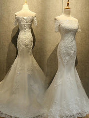 Wedding Dresses And Veils, Mermaid Off Shoulder Sleeveless Lace Beading Watteau Train Wedding Dresses