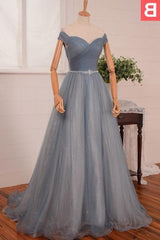 Prom Dresses Stores, 2024 Blue Floor-Length/Long A-Line/Princess Off-the-Shoulder Beading Tulle Prom Dresses