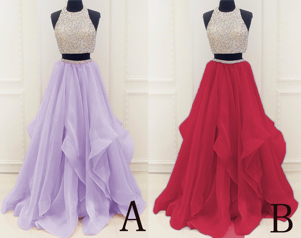 Off Shoulder Dress, Two Piece High Neck Burgundy Prom Dress, Beaded Open Back Evening Gowns