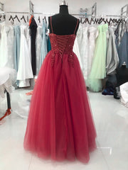Formal Dress Store, Wine Red Tulle Straps Lace Applique Long Formal Dress, Wine Red Prom Dress