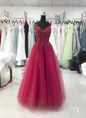 Formal Dress Attire, Wine Red Tulle Straps Lace Applique Long Formal Dress, Wine Red Prom Dress