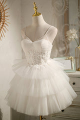 Bridesmaid Dresses With Sleeves, Ivory Spaghetti Straps Sequins Ball Gown Lace Appliques Short/Mini Homecoming Dresses
