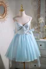 Prom Dress Styling Hair, Cute Sky Blue Beading Bowknot Short Princess Homecoming Dresses
