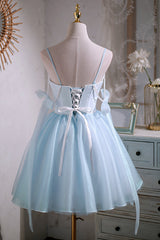 Prom Dress Modest, Cute Sky Blue Beading Bowknot Short Princess Homecoming Dresses