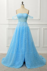 Homecoming Dress Online, Blue Off the Shoulder A Line Corset Prom Dress with Slit