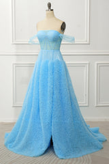 Homecoming Dress Elegant, Blue Off the Shoulder A Line Corset Prom Dress with Slit