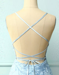 Party Dresses Long Sleeved, Baby Blue Spaghetti Straps Tight Homecoming Dress With Appliques