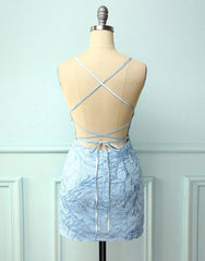 Party Dress For Girls, Baby Blue Spaghetti Straps Tight Homecoming Dress With Appliques